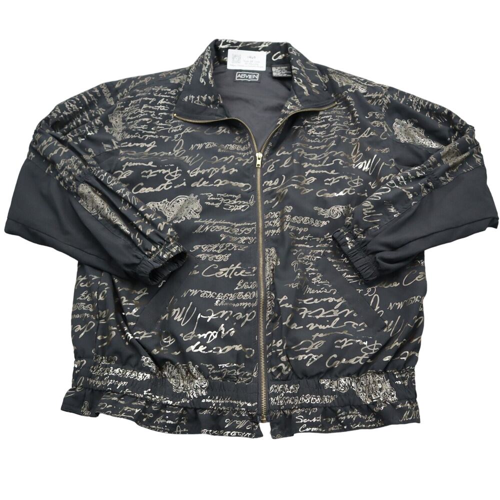 ABVIEN Jacket Mens M Black Gold French Writing Full Zip Bomber Style Casual Wear